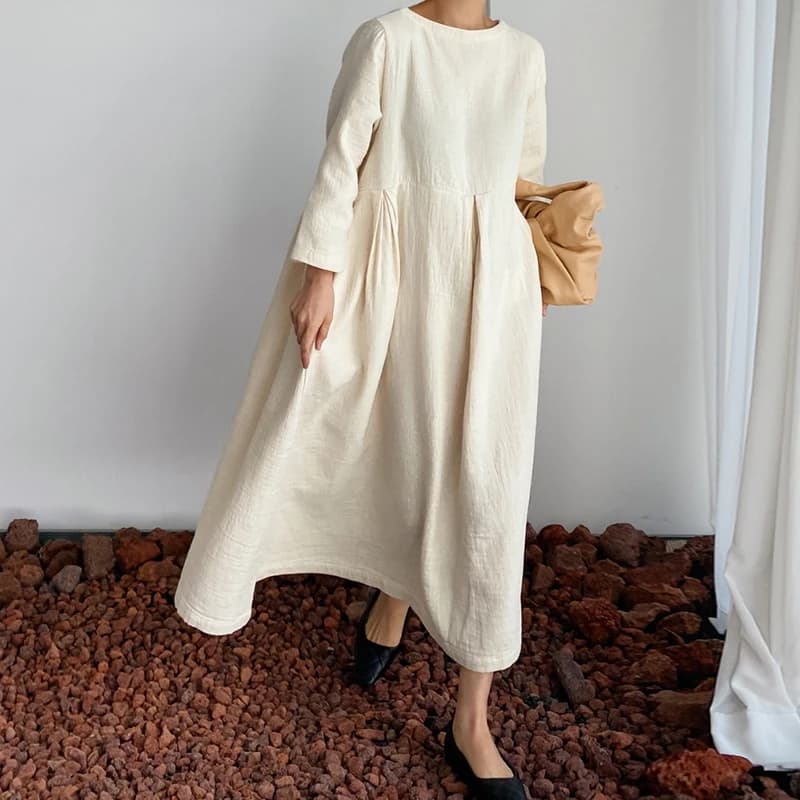 JohnMobNew-Robes coréennes pour femmes, vêtements d'automne, col rond, poches décontractées, ligne A