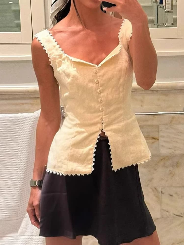 Chemisier décontracté pour femme en dentelle, col en V, sans manches, coupe ajustée, couleur unie, é