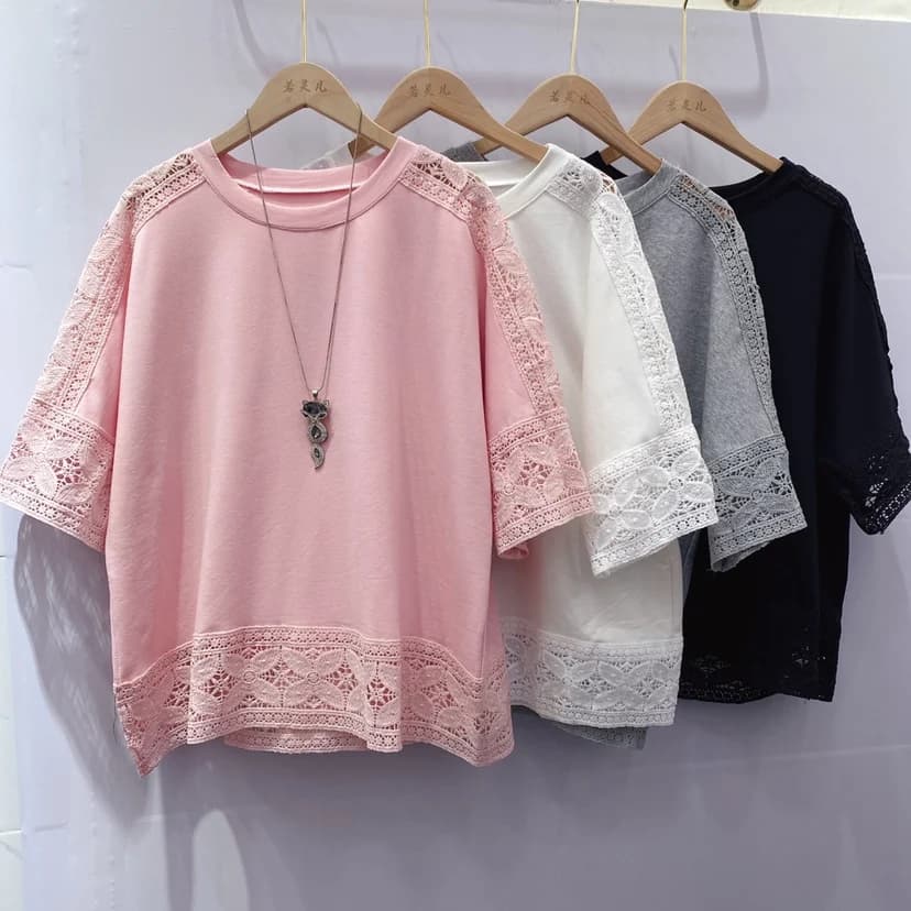 T-shirt amissié en dentelle pour femme, vêtement d'aviation, patchwork