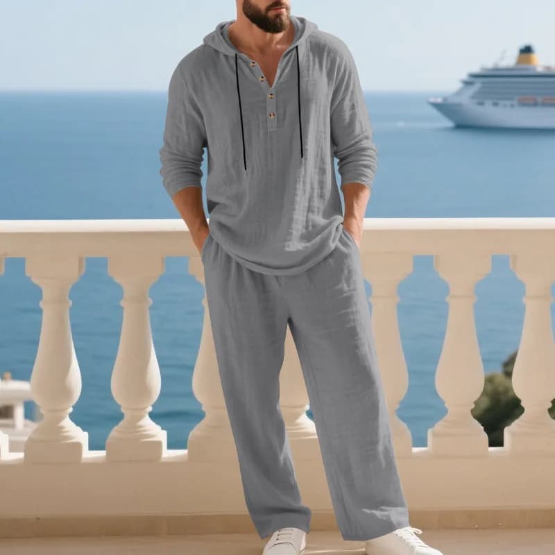 Costume décontracté en lin pour hommes, chemise Henley ample à capuche, pantalon à manches longues, 