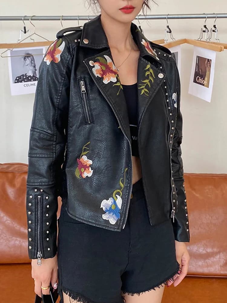 Ailegogo femmes Vintage Floral imprimé brodé Court Noir pu similicuir veste printemps automne femmes