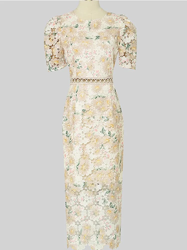 Robe fourreau en dentelle vintage pour femme, broderie florale, col rond, manches bouffantes, taille