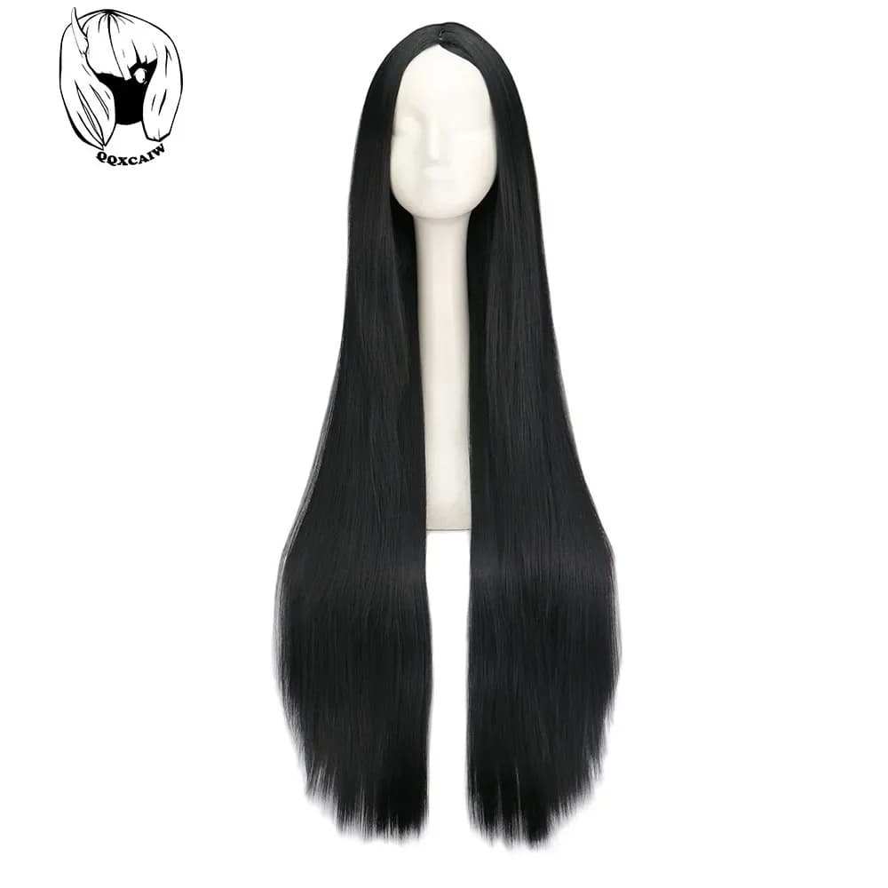 Perruque Synthétique Longue Noire de 100cm/40 ans, Cheveux Lisses, Degré de Chaleur, Costume de Carn
