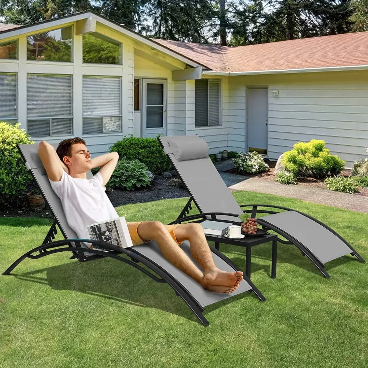 Chaise longue en aluminium pour l'extérieur, 5 positions réglables, table, piscine, jardin, plage, c