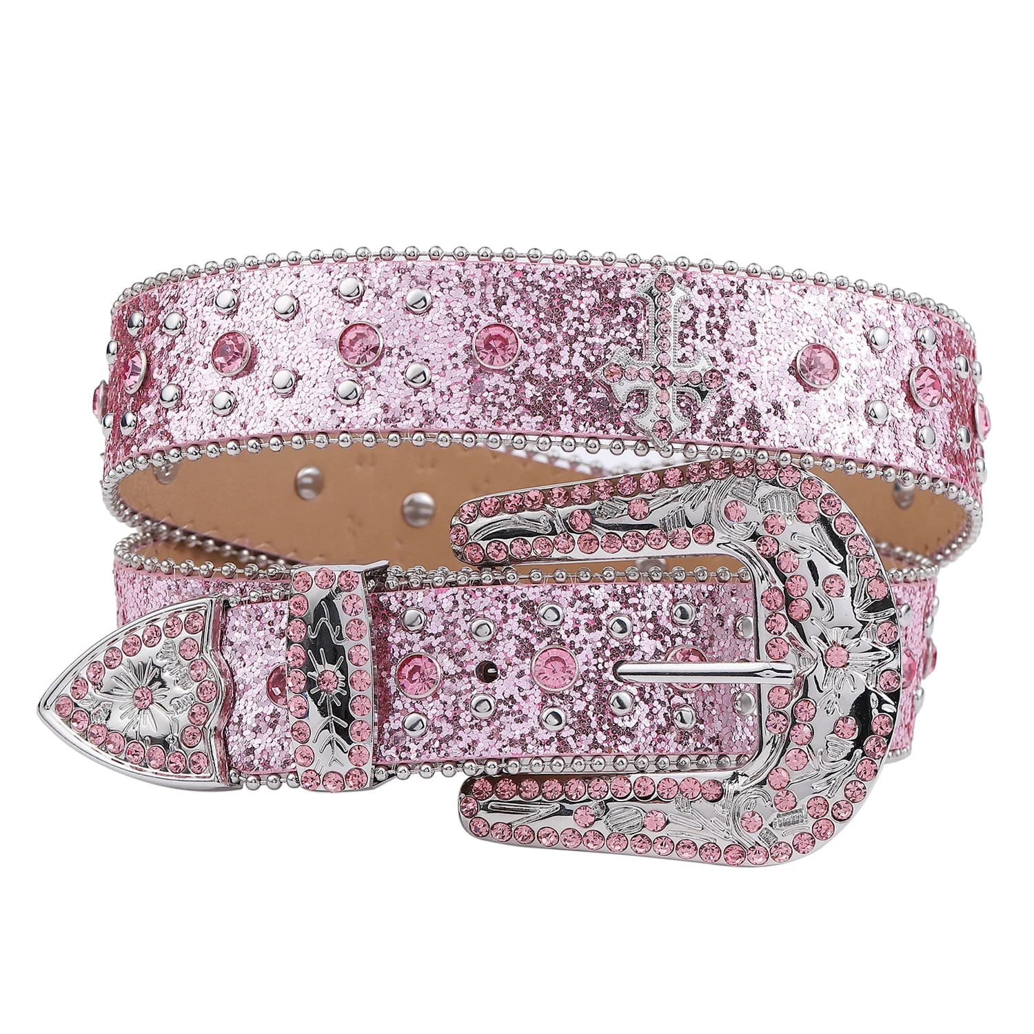 Ceinture en strass rose à rivets croisés scintillants, ceinture en cuir incrusté punk rock pour jean