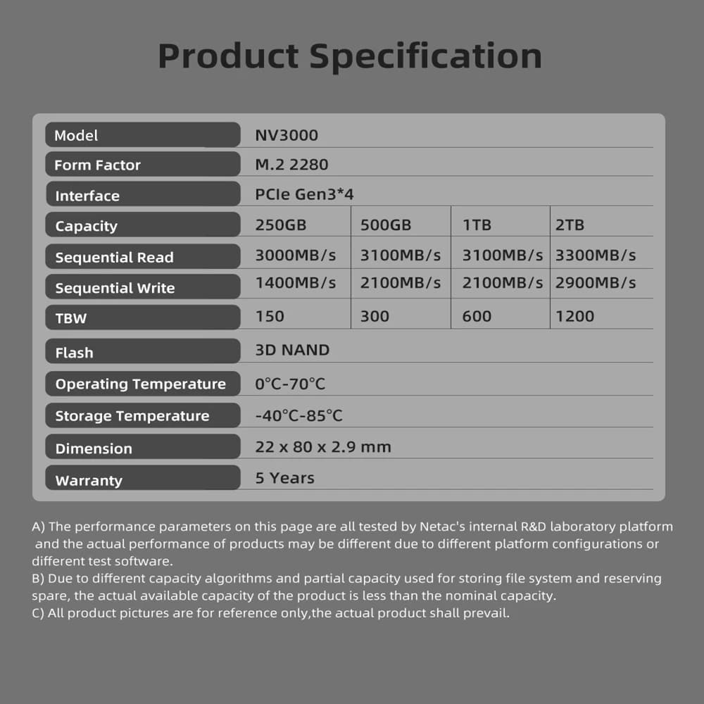 Netac SSD NVMe M2 250GB 500GB SSD 1TB 2TB SSD M.2 2280 PCIe3.0X4 disque SSD interne pour ordinateur 