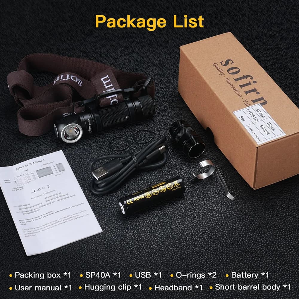 Sofirn SP40A TIR optique lampe frontale LED Rechargeable TN-3535 1200lm 18650 phare 18350 Angle lamp
