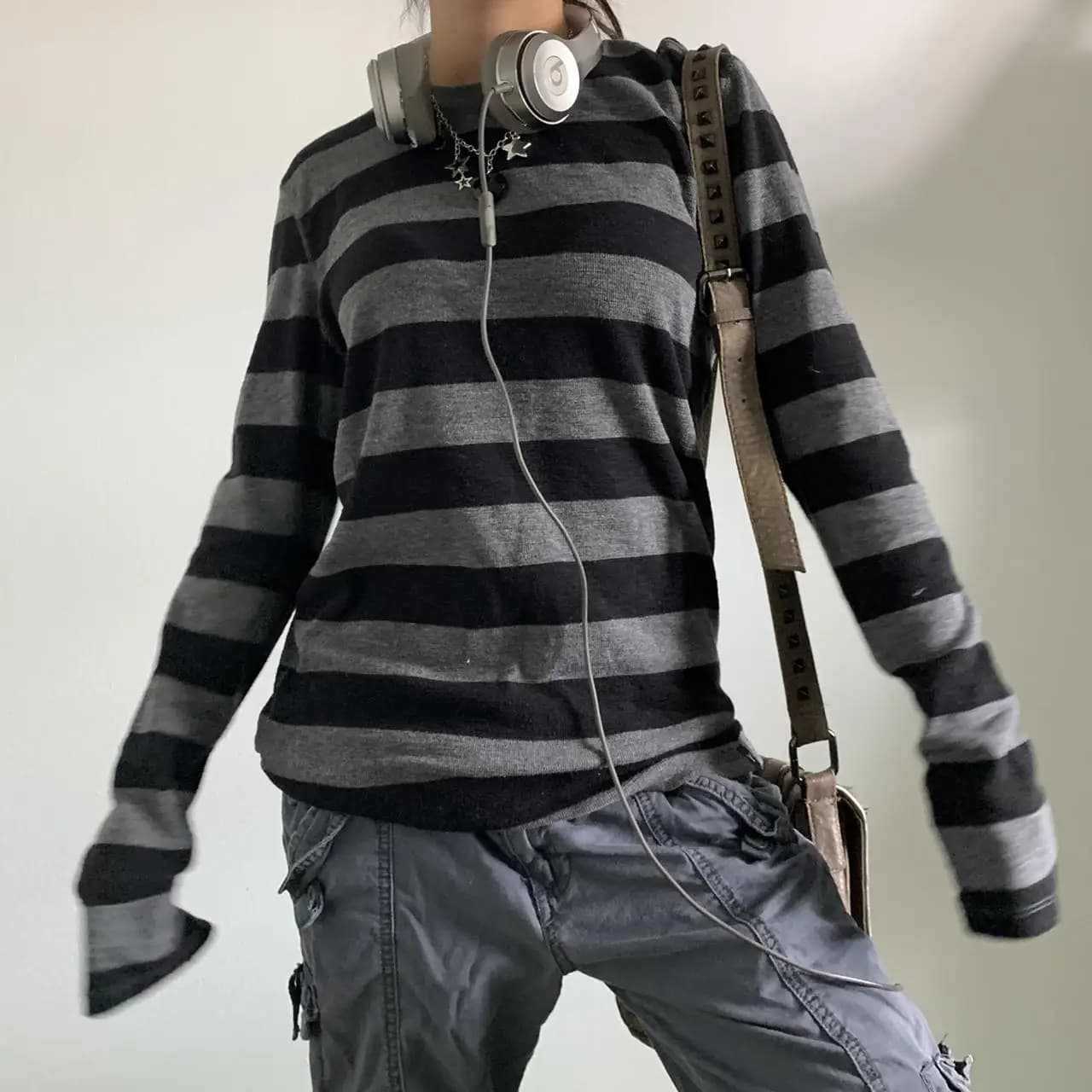 Chemise basique en tricot grunge nickel é pour femme, gris, noir, rayé, manches longues, col rond, t