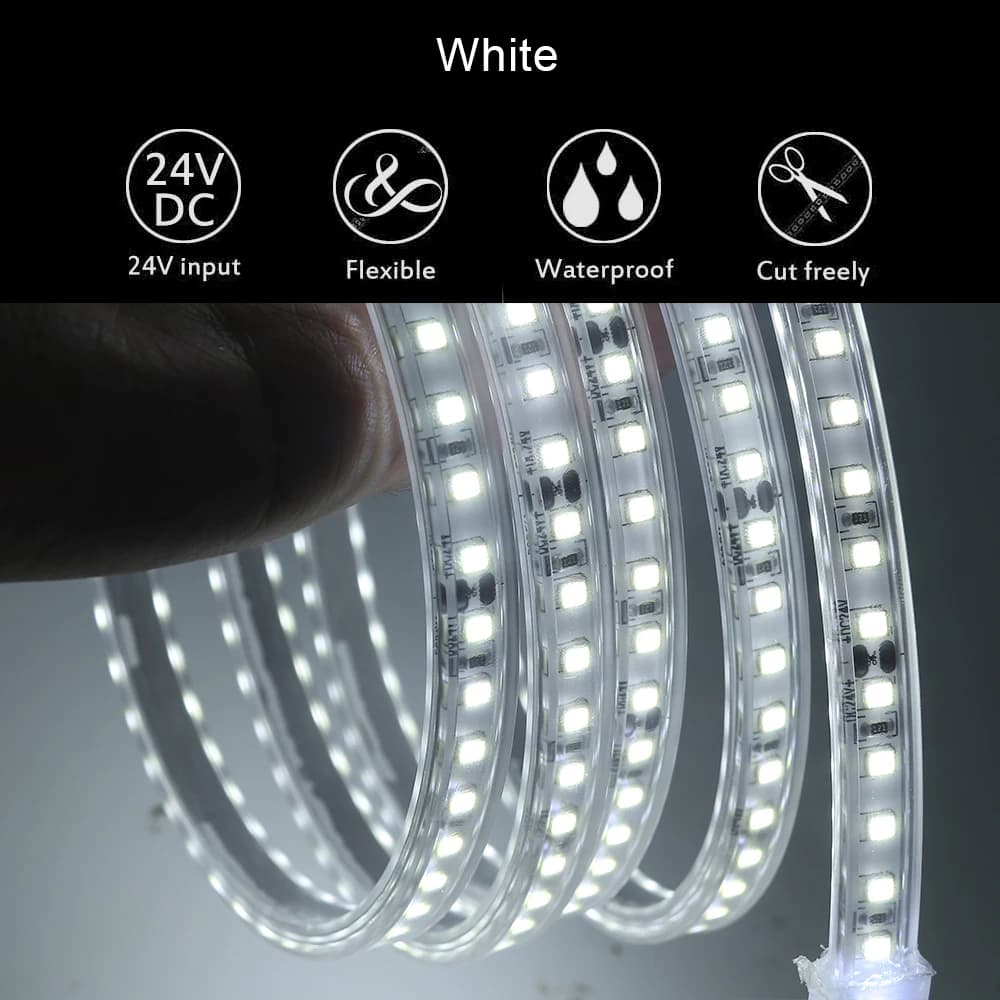 Bande lumineuse LED étanche IP67, 12V 24V, 2835, 120 diodes/m, ruban Flexible, corde lumineuse, blan