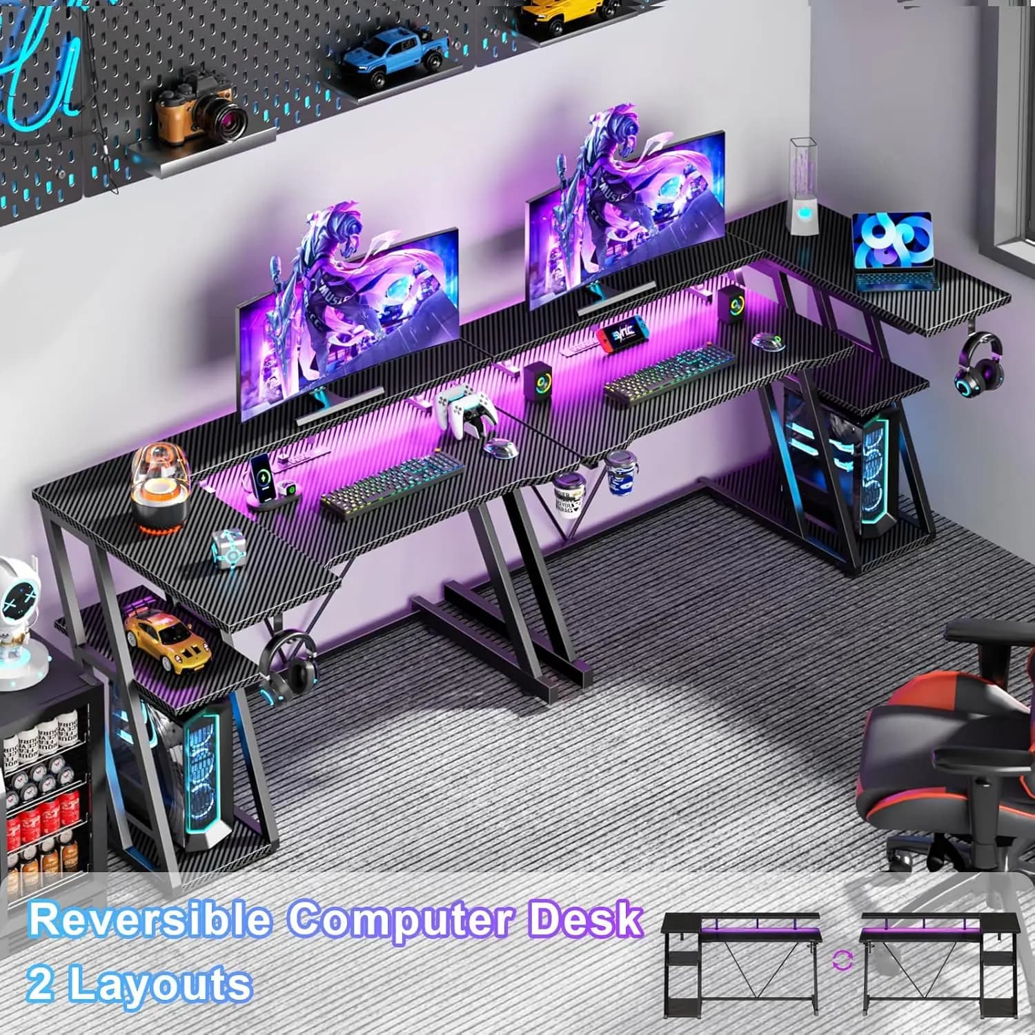 Bureau de jeu de 40 pouces avec prise de courant et éclairage LED, table de jeu informatique en form