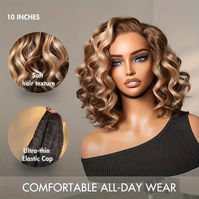 Perruque Bob Ombrée Cheveux Humains 4/27 Mèches Blond Miel Ondulées Profondes Perruques Bob Lace Fro