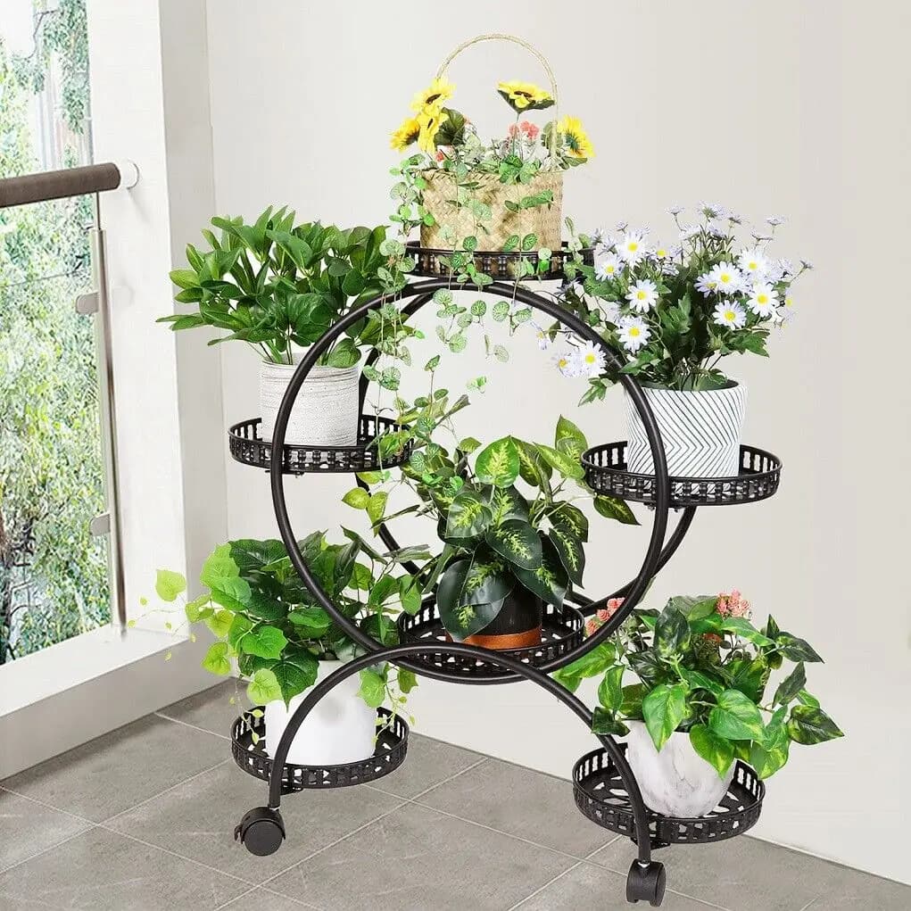 Étagère de support de plante de porte-fleurs, 4 couches, 6 pots, 4 roues, étagère d'affichage mobile