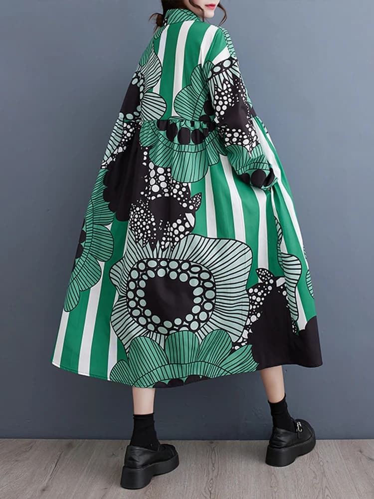 Robes chemises à manches longues à imprimé vintage pour femmes, nouvelle robe midi décontractée ampl