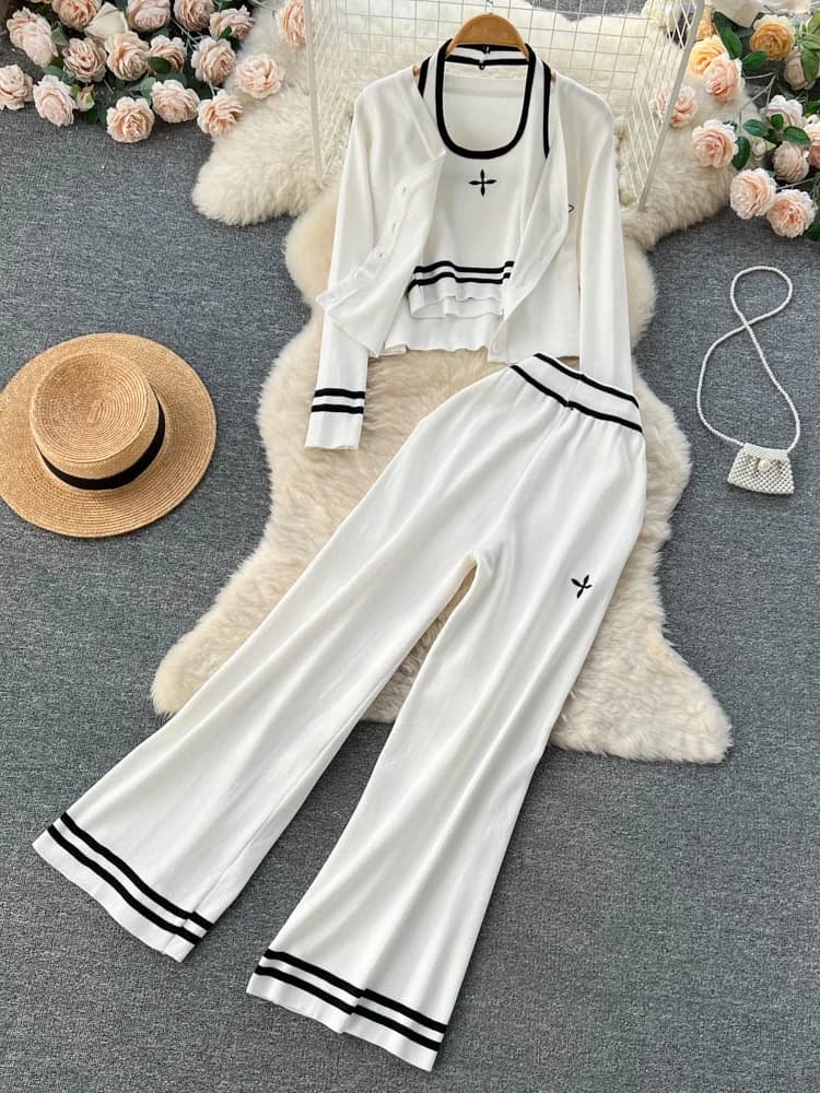 Streetwear tricoté ensemble 3 pièces pour femmes, Cardigan à manches longues manteau + Camisole + pa
