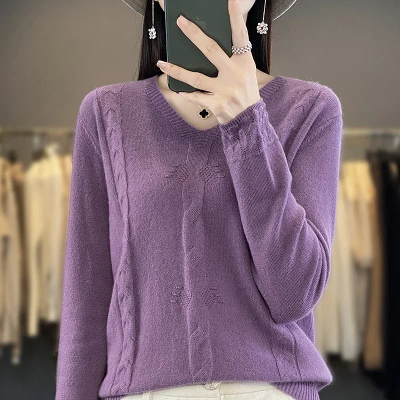 Pull jacquard torsadé à col en V pour femmes, pull en pure laine, tricots décontractés pour femmes, 