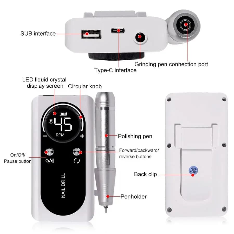Perceuse à ongles électrique Portable professionnelle 45000 tr/min, lime de ponceuse à ongles Rechar