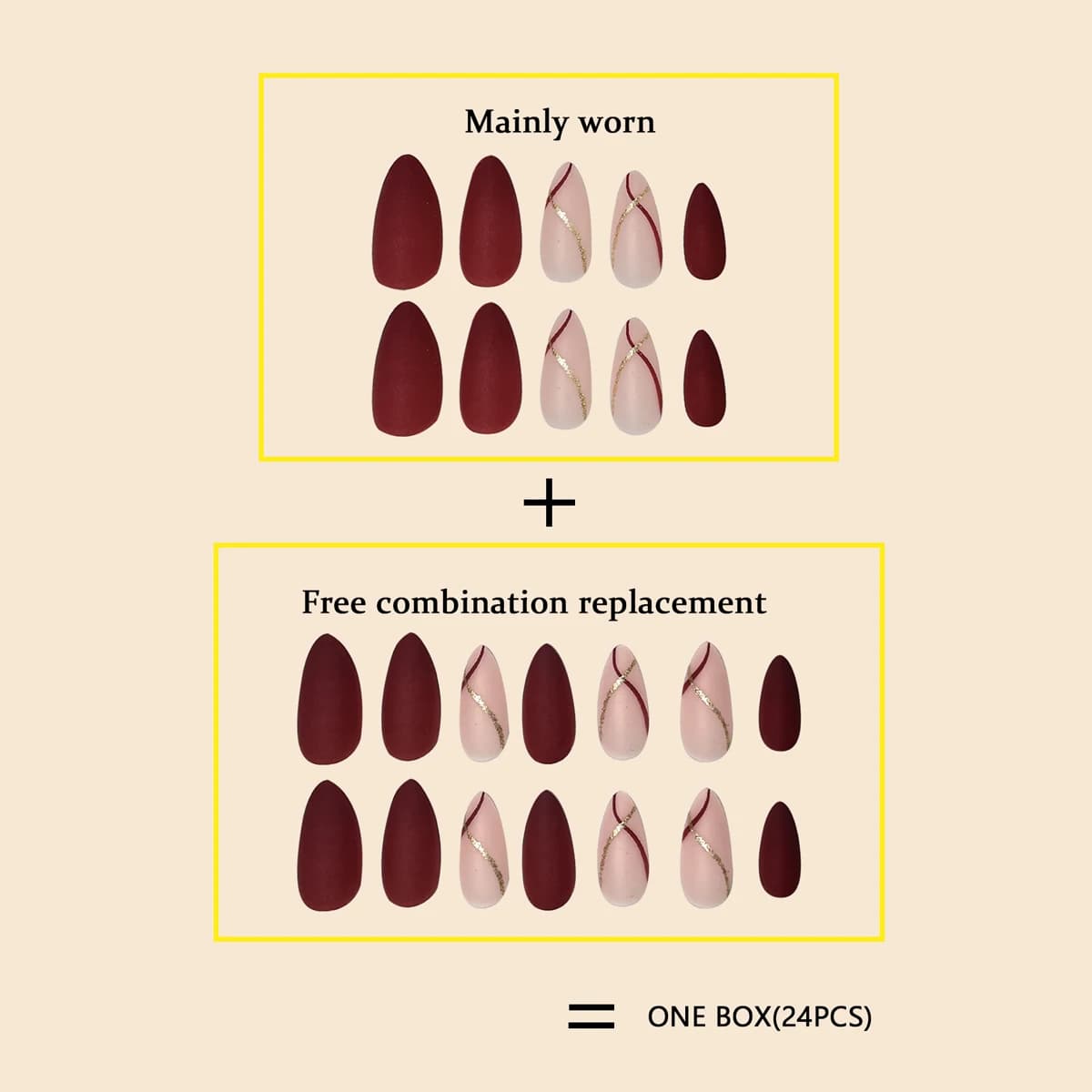 Femmes filles 24 pièces/ensemble forme de goutte moyenne français rouge or ligne Surface mate couver