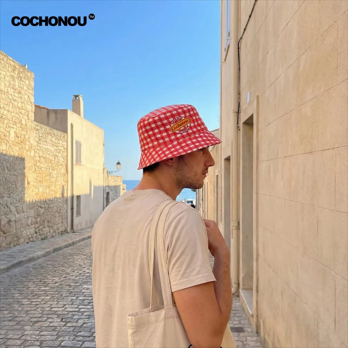 Nouveau COCHONOU chapeau seau avec Logo brodé, Polyester à carreaux rouge, chapeau de soleil d'extér
