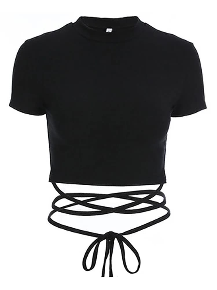 T-Shirts courts noirs pour femmes, sexy, manches courtes, bandage, été 2024