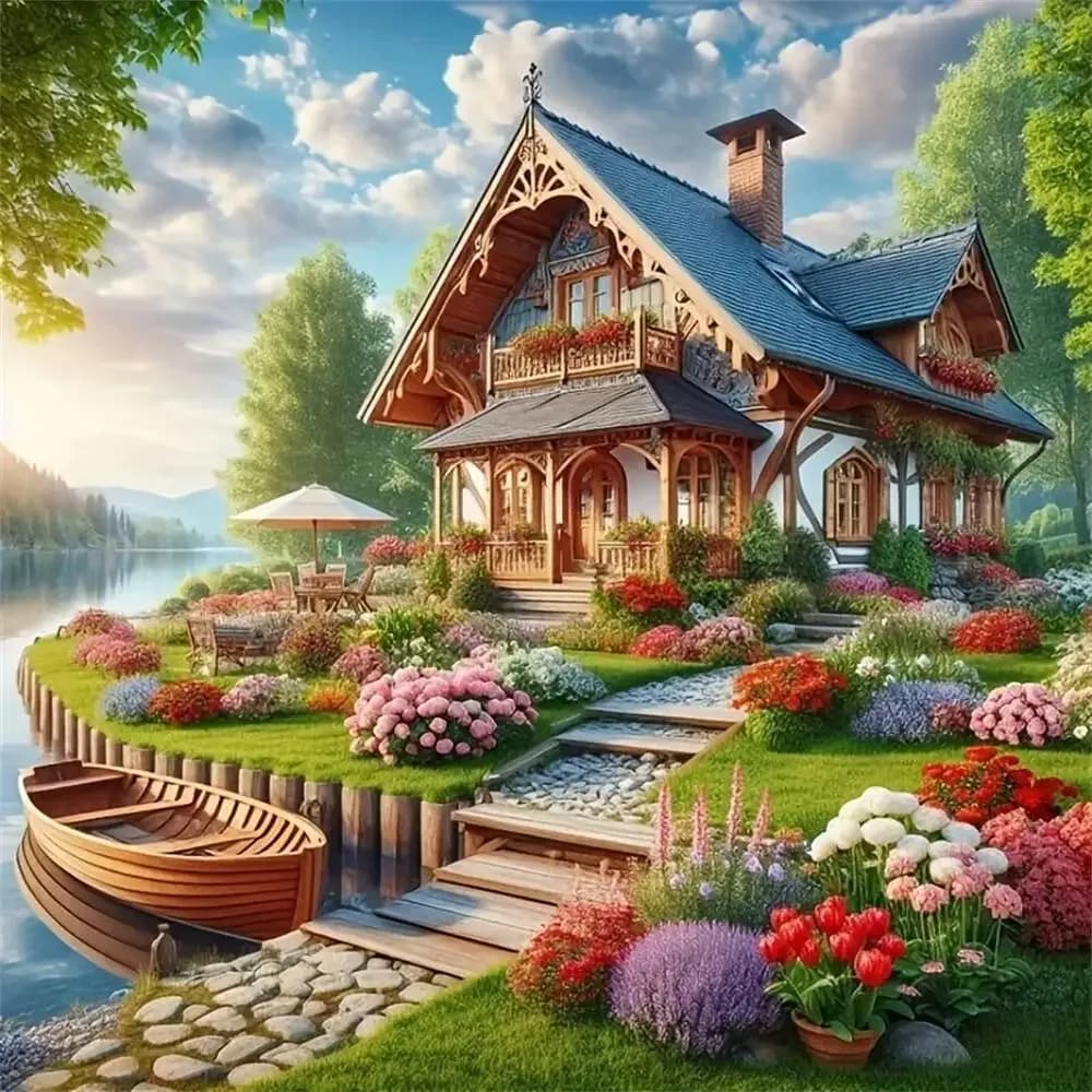 Puzzle 1024 pièces Paysage de petite rivière et sentier de maison – Jeu familial stimulant pour sall