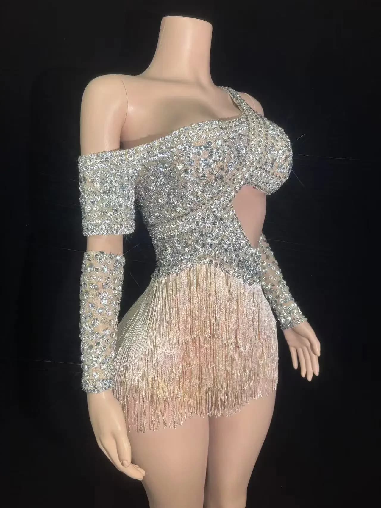 Combinaison de luxe scintillante avec pompons et strass pour femmes, tenue de soirée de bal, de chan