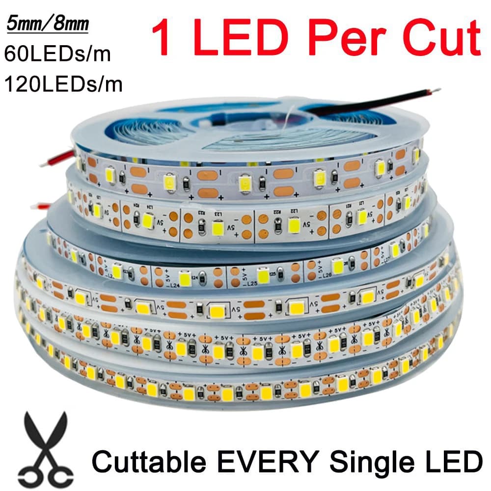 Bande LED 5m 5V DC 2835 60LED s/m 120LED s/m 1 LED par coupe bande Flexible 5mm 8mm PCB IP20 pas d'é