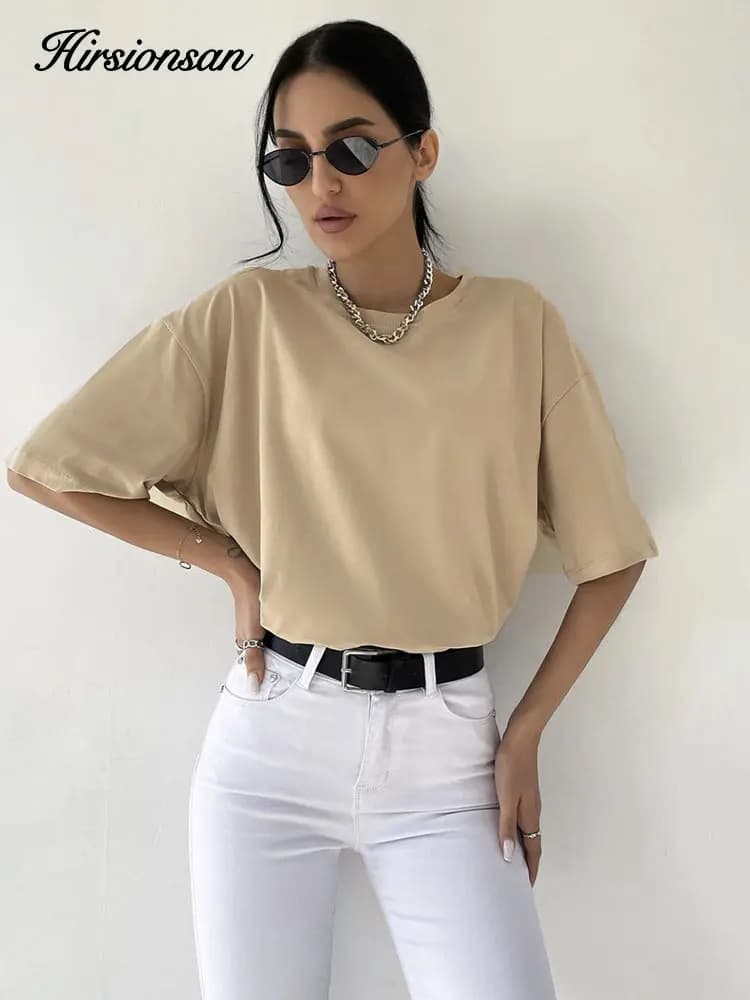 Hirsionsan – t-shirt col rond femme, 100% coton, surdimensionné, résistant, décontracté, basique, am
