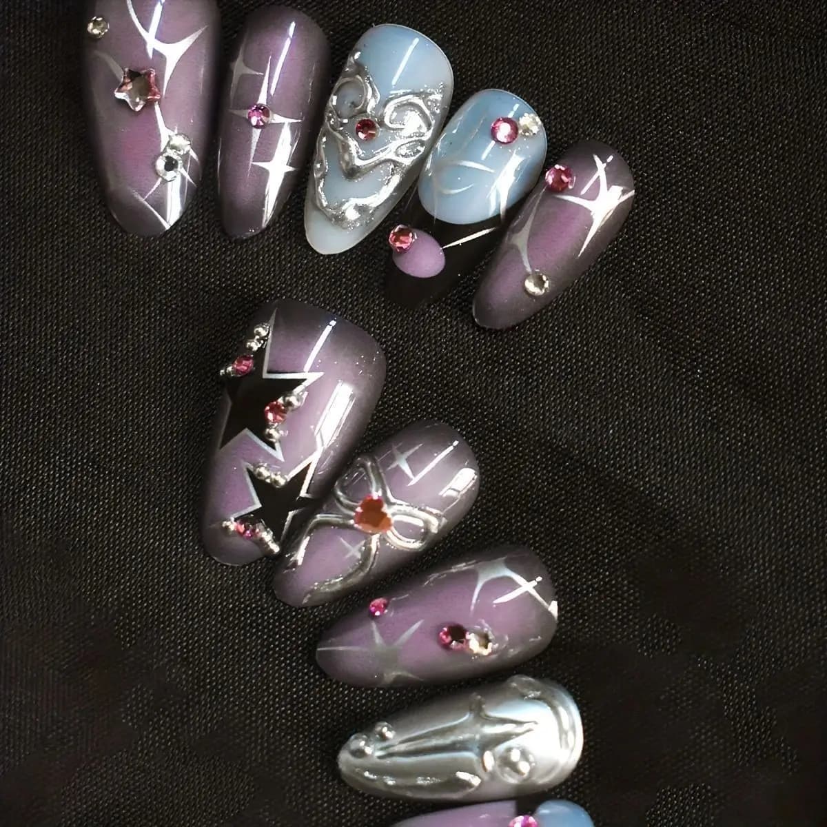 Faux ongles violet foncé, Design diamant 3d, à pression faite à la main, couverture complète, portab