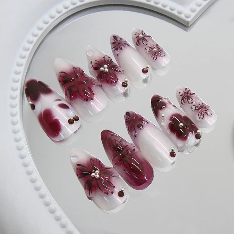 24 pièces fleur impression presse sur ongles vin rouge Blush amande faux ongles conseils portable ré