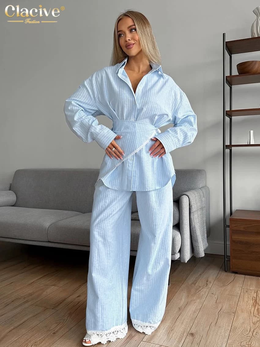 Clacive – ensemble 3 pièces ample à rayures bleues pour femmes, chemise élégante à manches longues +