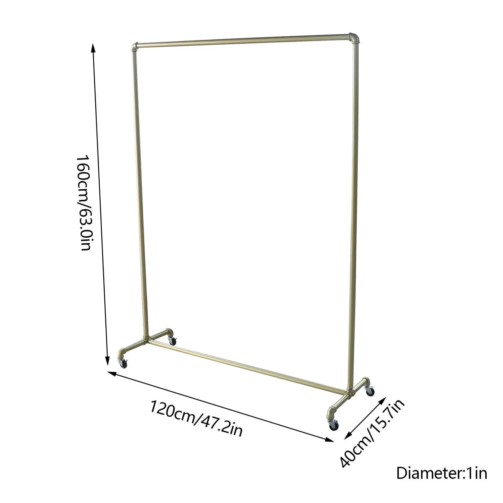 Porte-vêtements vintage en tuyau industriel, supports à vêtements dorés avec roues, T1, 47x63 po