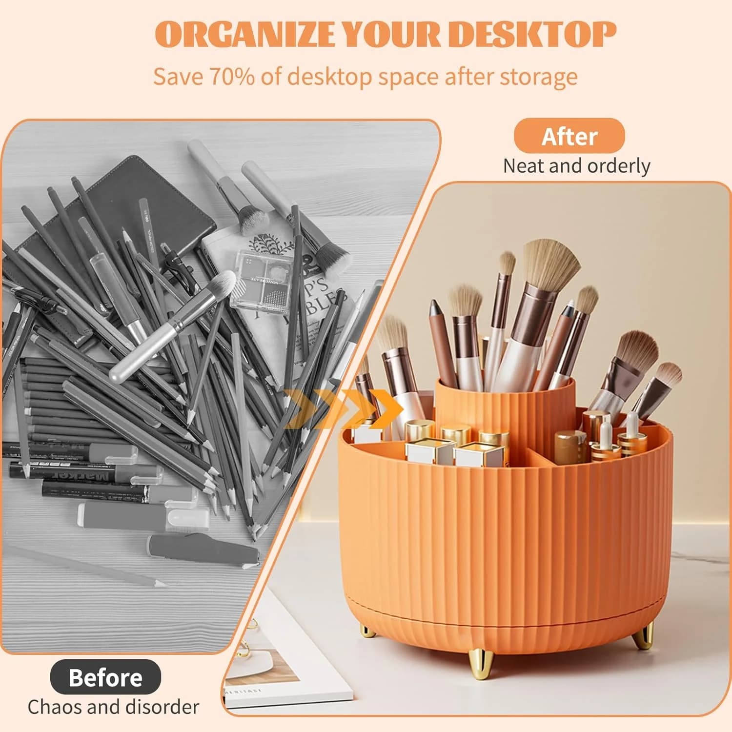 Porte-pinceaux de maquillage 360 °   Organisateur rotatif à 5 fentes, rangement de bureau multifonct