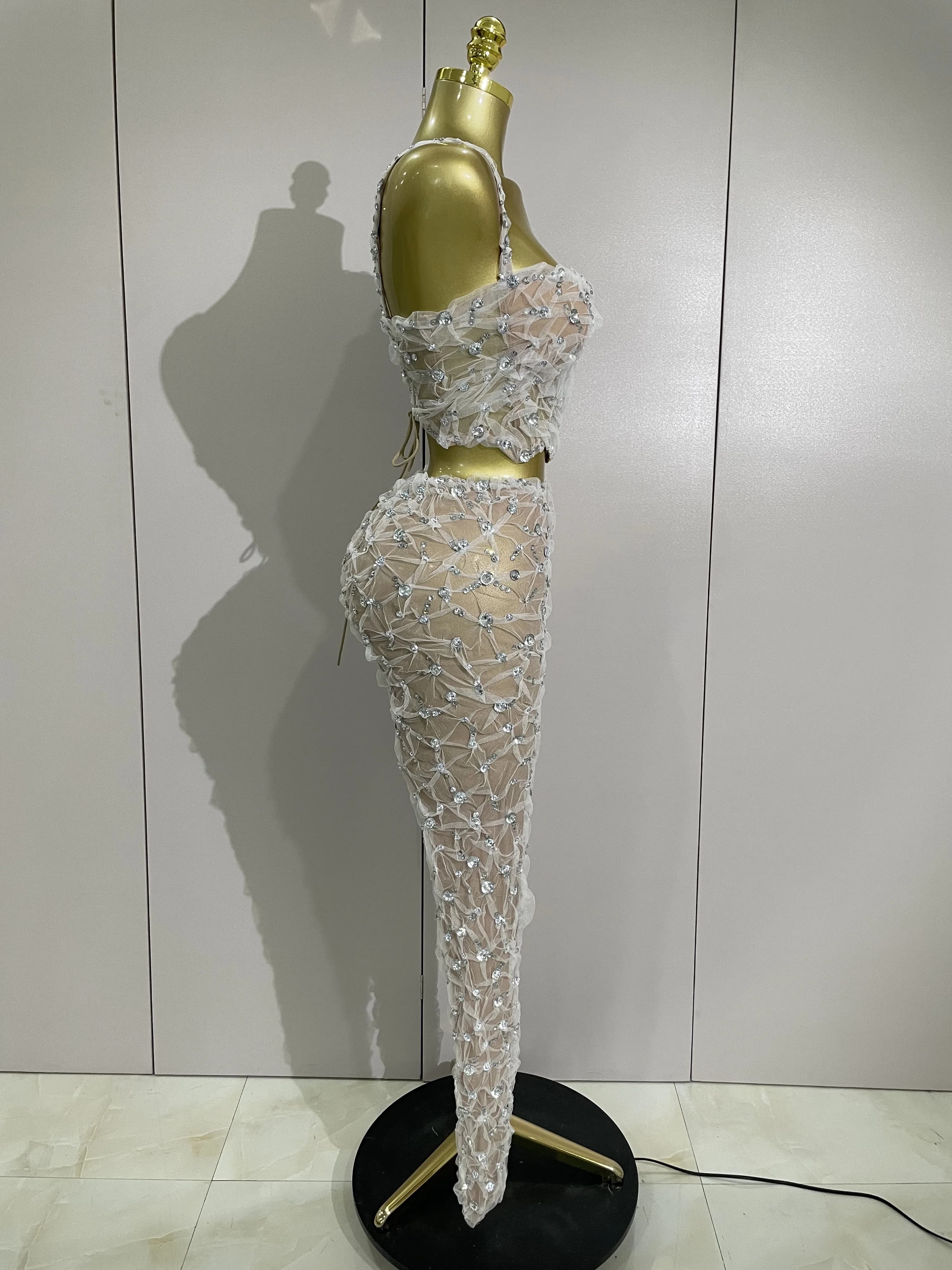 Ensemble deux pièces Sexy en dentelle pour femmes, haut à licou + pantalon Long, épissure de diamant