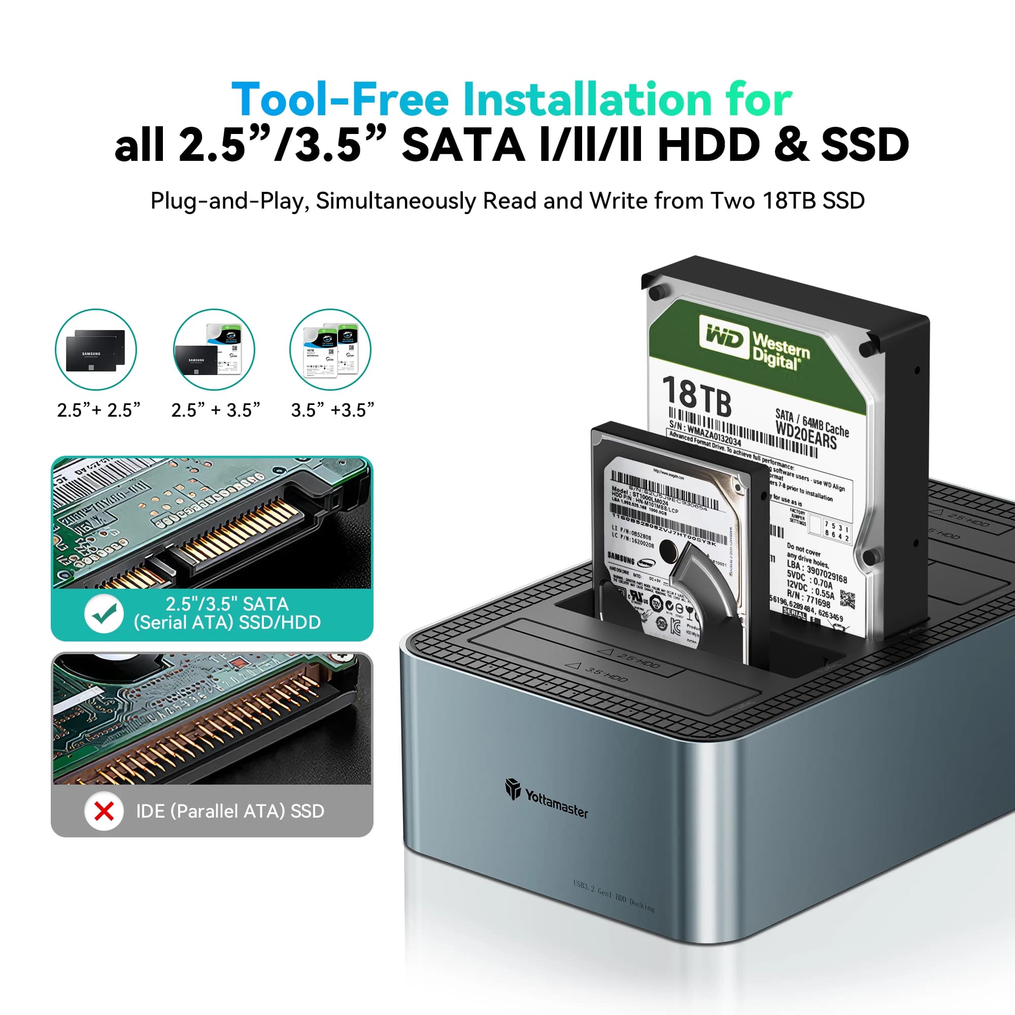 Yottamaster Station d'accueil HDD 5 baies avec Clone hors ligne SATA vers USB3.0 2.5 "3.5'' Station 