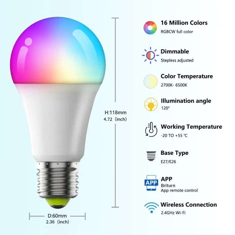 Ampoule LED Wifi Bluetooth, variable 9W 10W E27 110V 220V RGBCW, lampes à changement de couleur, app