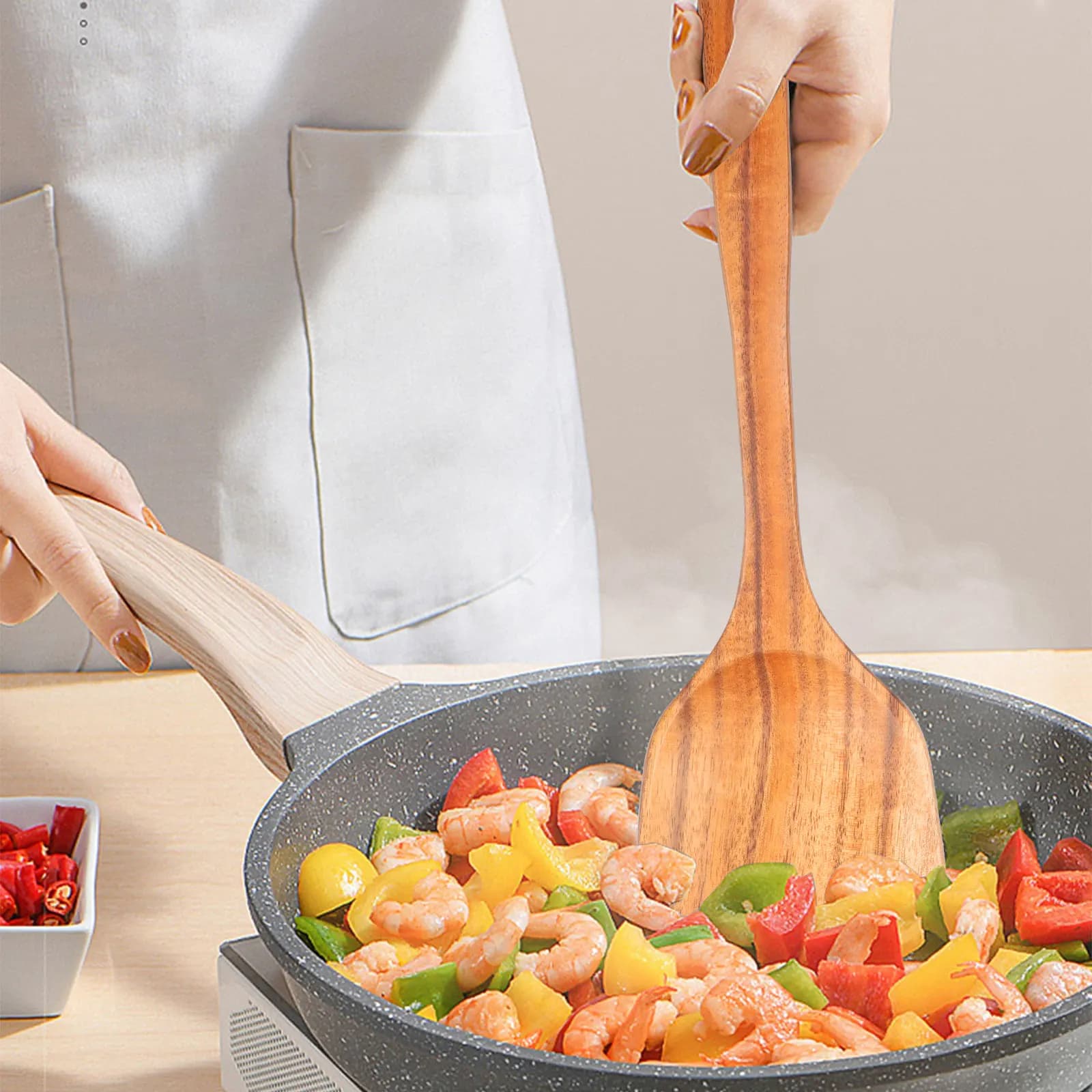 Cuillères de cuisine en bois de teck lisse, ustensiles de cuisine en bois antiadhésifs, ensemble de 