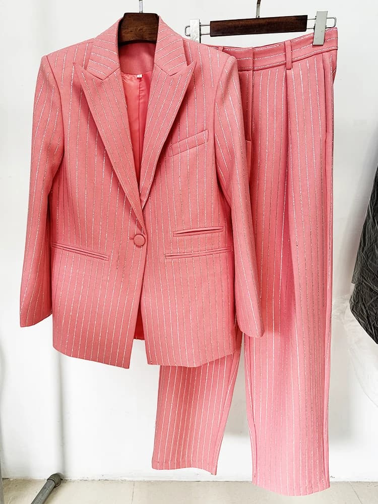 Ensemble de costume de créateur HIGH STREET, nouveauté 2026, pour femme, blazer à un bouton, rayures