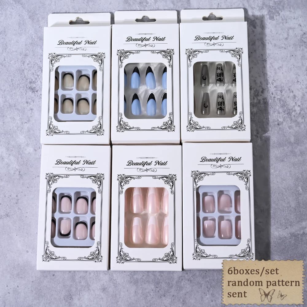 6 boîtes/144 pièces mélange aléatoire Style court rond presse sur ongles doux couverture complète dé