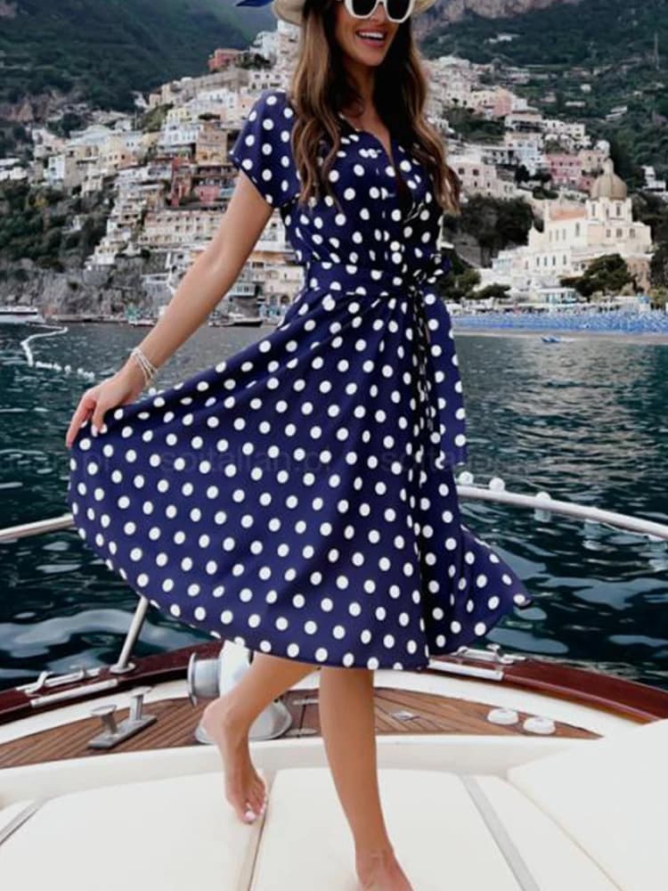 Robe de soirée mi-longue à lacets, Vintage, imprimé à pois, Sexy, col en v, boutons, robe d'été élég