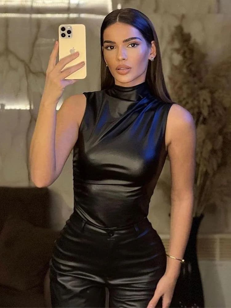 Débardeur Vintage Pu Simple pour femmes, Y2K, basique, taille haute, slim, coupe Shrunk, hauts sans 