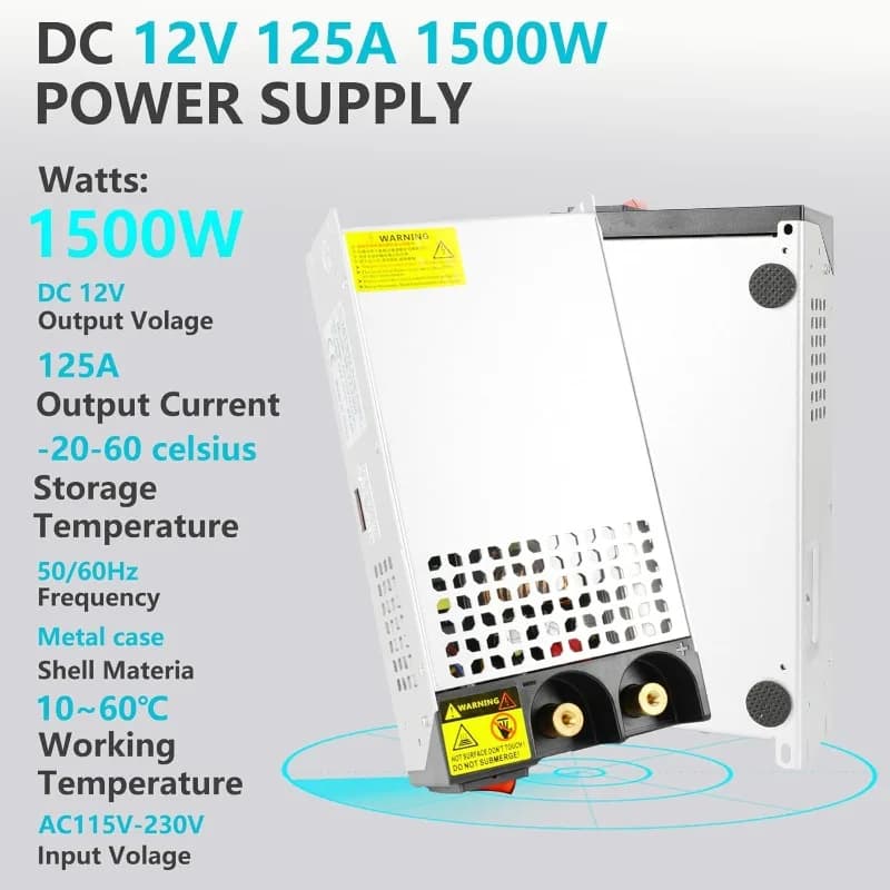 Alimentation électrique DC 12V 125A 1500W, convertisseur 110V AC à 12V DC, adaptateur d'alimentation
