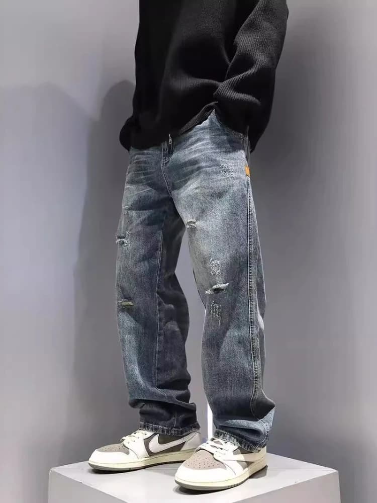 Nouveaux hommes déchiré jean Baggy droit mode Vintage bleu Denim pantalon personnalité Streetwear Hi