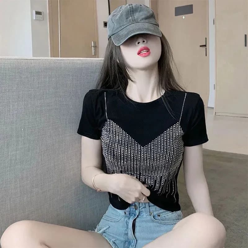 T-shirt à manches courtes pour femmes, 100% coton, coréen, chic, mince, col rond, solide, haut court