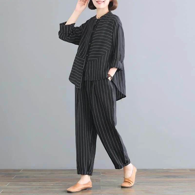Ensemble Deux Pièces pour Femme, Chemise Rayée à Manches sulfet Pantalon Sarouel à Taille artificiel