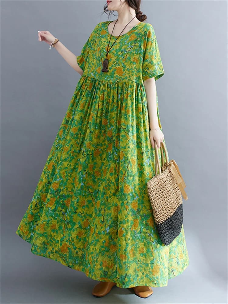 Robe longue décontractée en coton à manches courtes imprimé vert style vintage pour femme 2026 – Ten