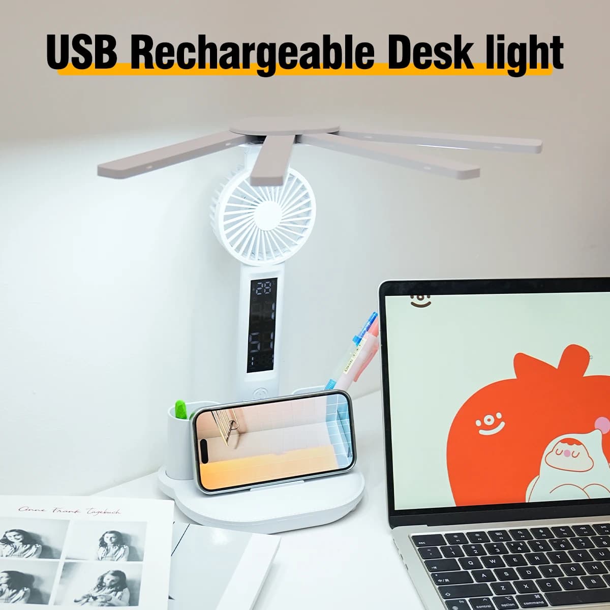 Lampe de bureau multifonctionnelle 3 en 1, lampe de bureau LED pliante à quatre têtes avec ventilate