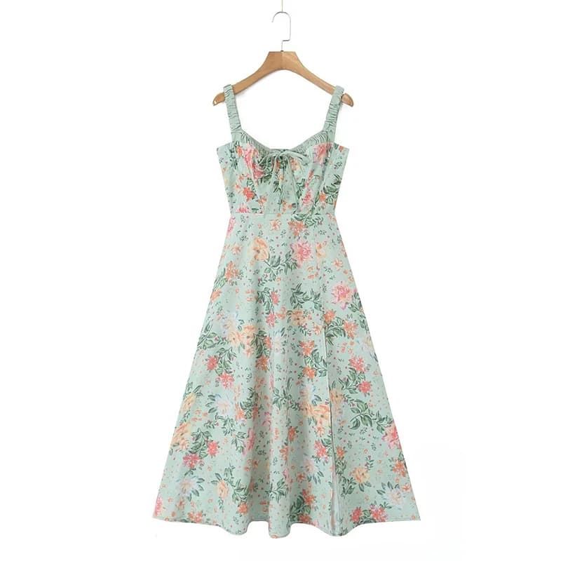 YENKYE-Robe mi-longue à imprimé floral de style français pour femmes, robe à bretelles A-ligne, fent