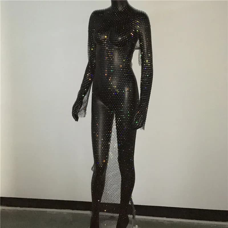 Robe en résille à grille de strass brillants, manches longues, col rond, fente latérale creuse, Sexy