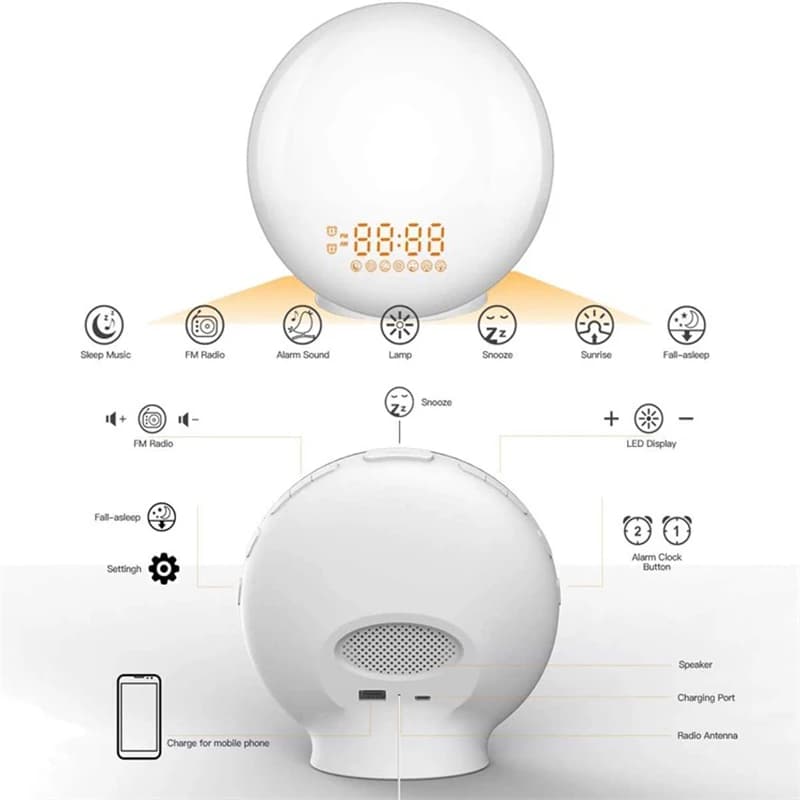Réveil lumineux avec Simulation de lever/coucher du soleil, double alarme, Radio FM, veilleuse, 7 co