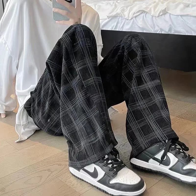 Printemps été velours côtelé Vintage Plaid pantalon hommes Streetwear jambe large Baggy pantalon Har